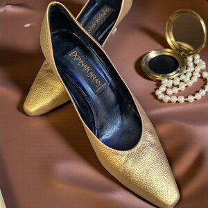 Vintage Donna Karan Leather Gold Metallic Heels, Size 5.5 Women's Pumps